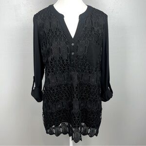 Soft Surroundings black woven front overlay roll sleeve popover top, medium.